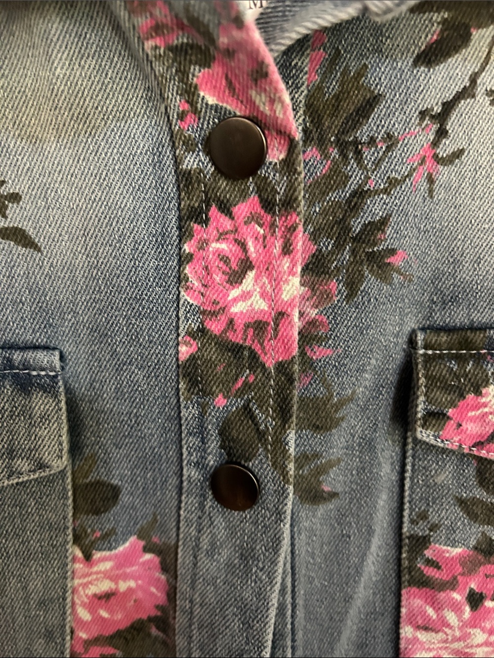 NWT BiBi Pink Floral Washed Blue Denim Peplum Jacket - Picture 5 of 8